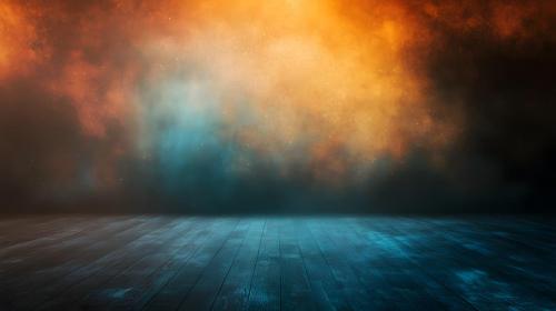 A dark and light blue room with a wooden floor